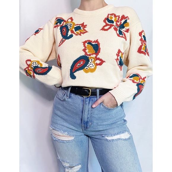 Vintage Sweaters - Vintage Embroidered Paisley Artsy Eclectic Peachy Cotton Knit Sweater